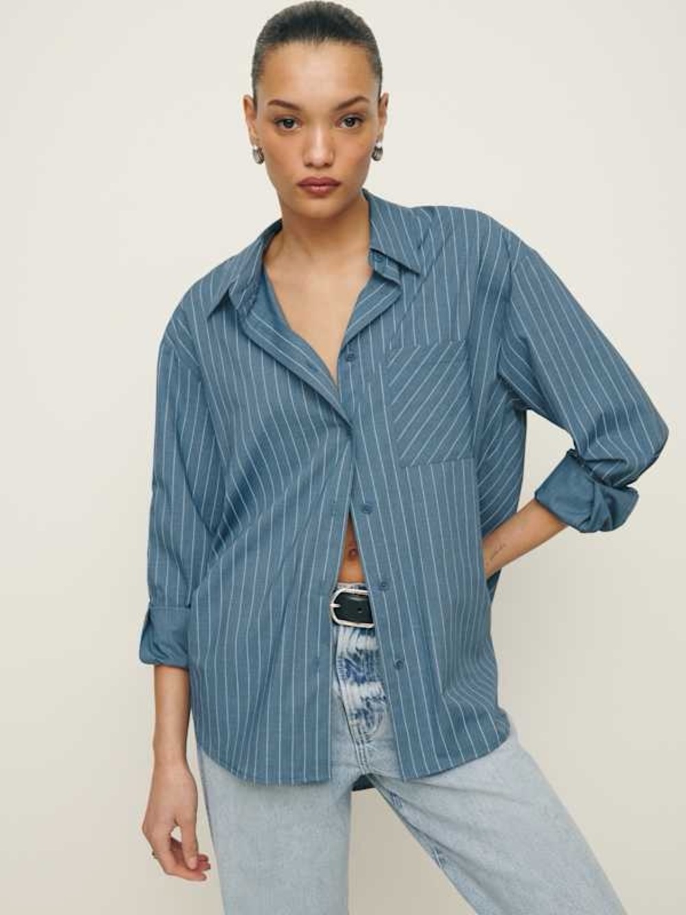 Reformation Will Oversized Blue Pinstripe Button Up Shirt in Womens size Large